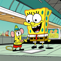 SpongeBob SquarePants talking to a mouse in an airport, 1960s Cartoon