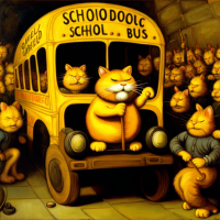 Garfield driving a school bus in a rock concert, Painting by Leonardo Da Vinci