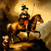 A mouse riding on a horse in a mountainside scene, Painting by Rembrandt