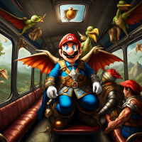 Super Mario dressed as a medieval knight riding a pterodactyl in the back of a bus, Baroque painting