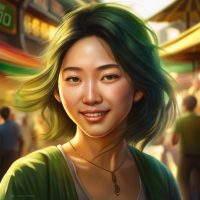 A photorealistic portrait of a young Asian woman with vibrant green eyes, windswept shoulder-length hair, and a mischievous smirk. Golden sunlight, intricate background of a bustling marketplace