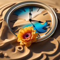 The concept of time melting away, visualized as a weathered clock face dissolving into swirling sand, a single vibrant flower blooming from the center. Hyperrealistic, dramatic lighting.