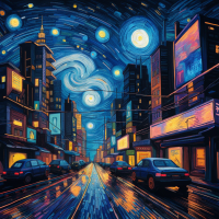 Van Gogh's Starry Night reimagined in a cyberpunk city, neon lights replacing stars, swirling energy trails instead of brushstrokes.