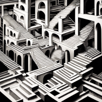 An Escher-inspired labyrinth of staircases, leading in impossible directions, rendered in the style of a black and white architectural sketch.