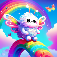 A fluffy cloud creature with shimmering butterfly wings, perched on a rainbow slide, digital art style, vibrant colors.