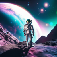 A lone astronaut gazing at a majestic alien planet with iridescent rings, cinematic shot, wide-angle lens, film grain texture.