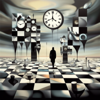 A melting chessboard landscape with clocks as pieces, a lone figure walking towards a horizon painted with impossible geometric shapes. Eerie, dreamlike atmosphere.