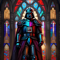 Darth Vader reimagined as a medieval knight, detailed armor, standing in a gothic cathedral, stained glass windows casting colorful light.